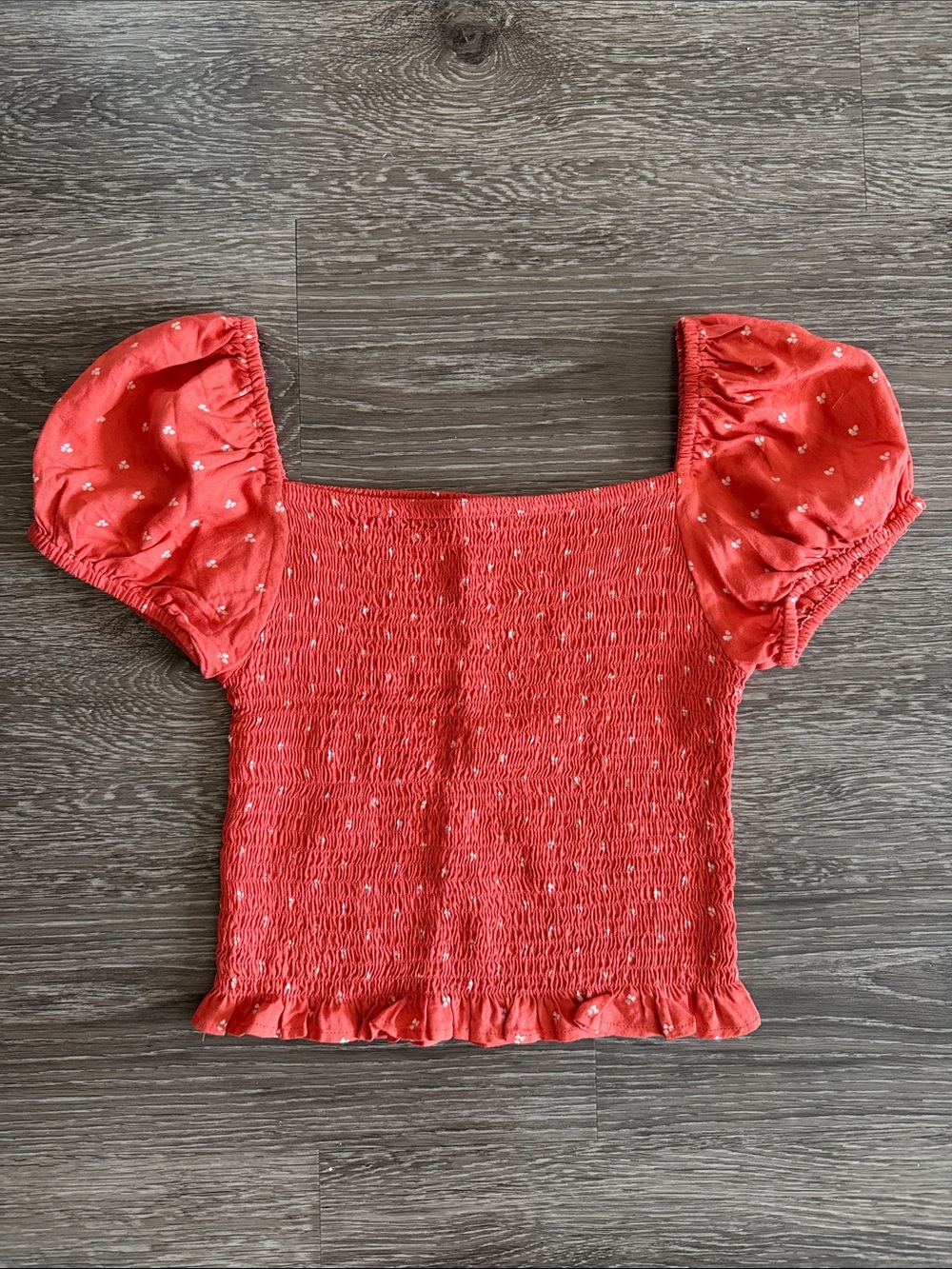 Japna Salmon Colored Smocked Puff Sleeve Crop Top